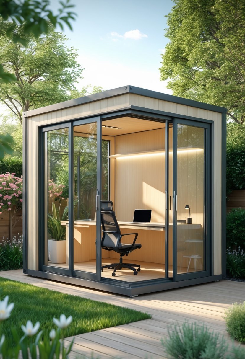 A backyard office pod with sliding glass doors open, showing a desk and chair inside, surrounded by green grass and plants.