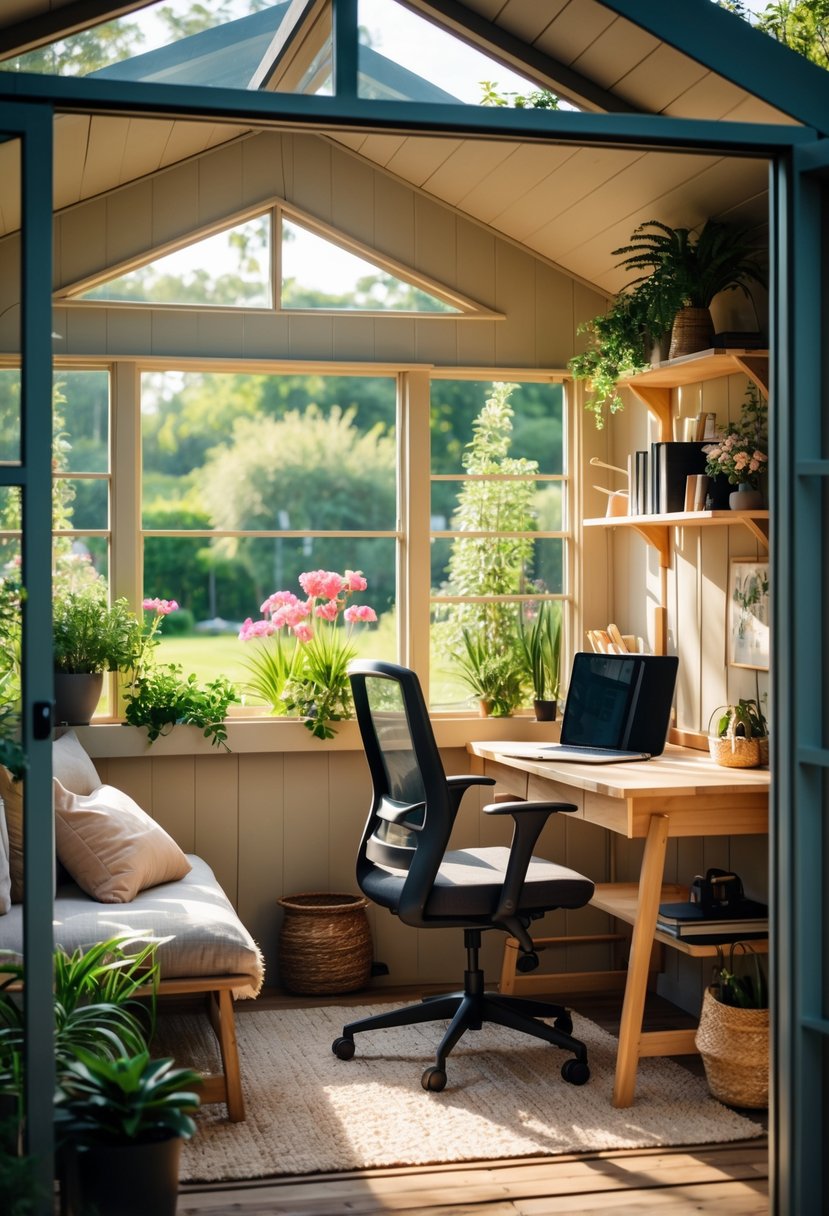 A cozy backyard office with a wooden desk, chair, shelves, plants, and large windows showing garden greenery outside.