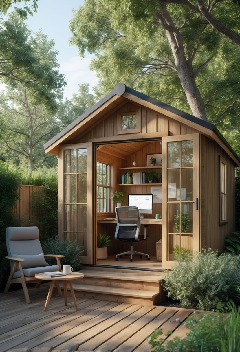 A small wooden cabin in a backyard surrounded by trees and greenery with a deck and a workspace visible inside.