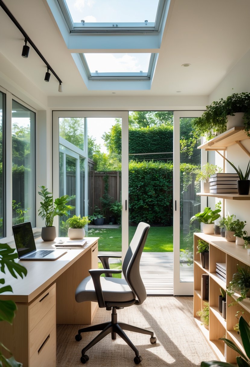 A backyard office workspace with skylights, a wooden desk, chair, shelves, and a view of a green garden.