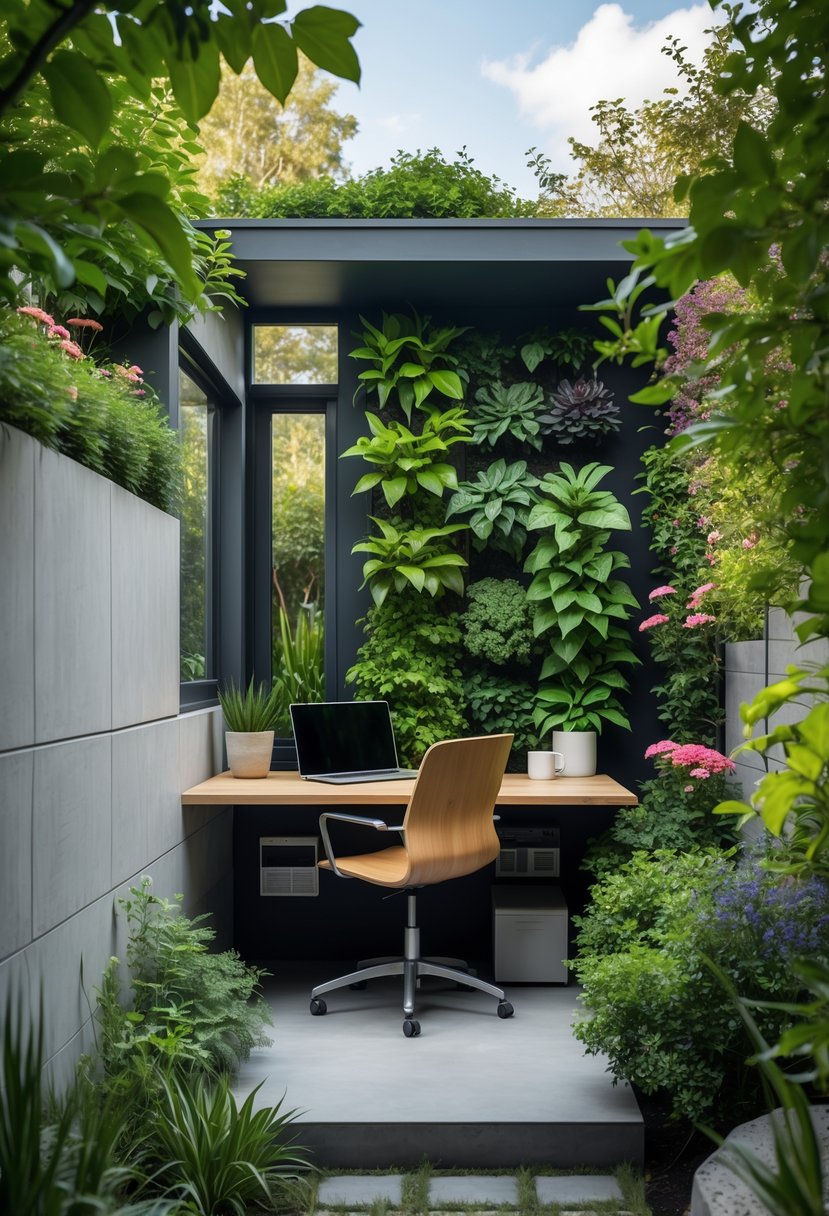 A small backyard office with a vertical garden wall, wooden desk, and chair surrounded by plants and greenery.