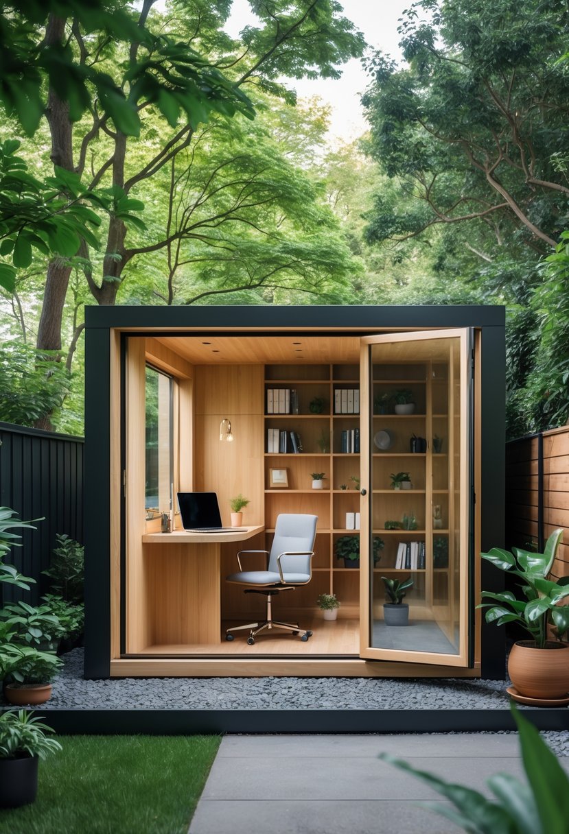 A backyard office with a wooden structure, a desk with a laptop inside, bookshelves, and surrounding greenery.