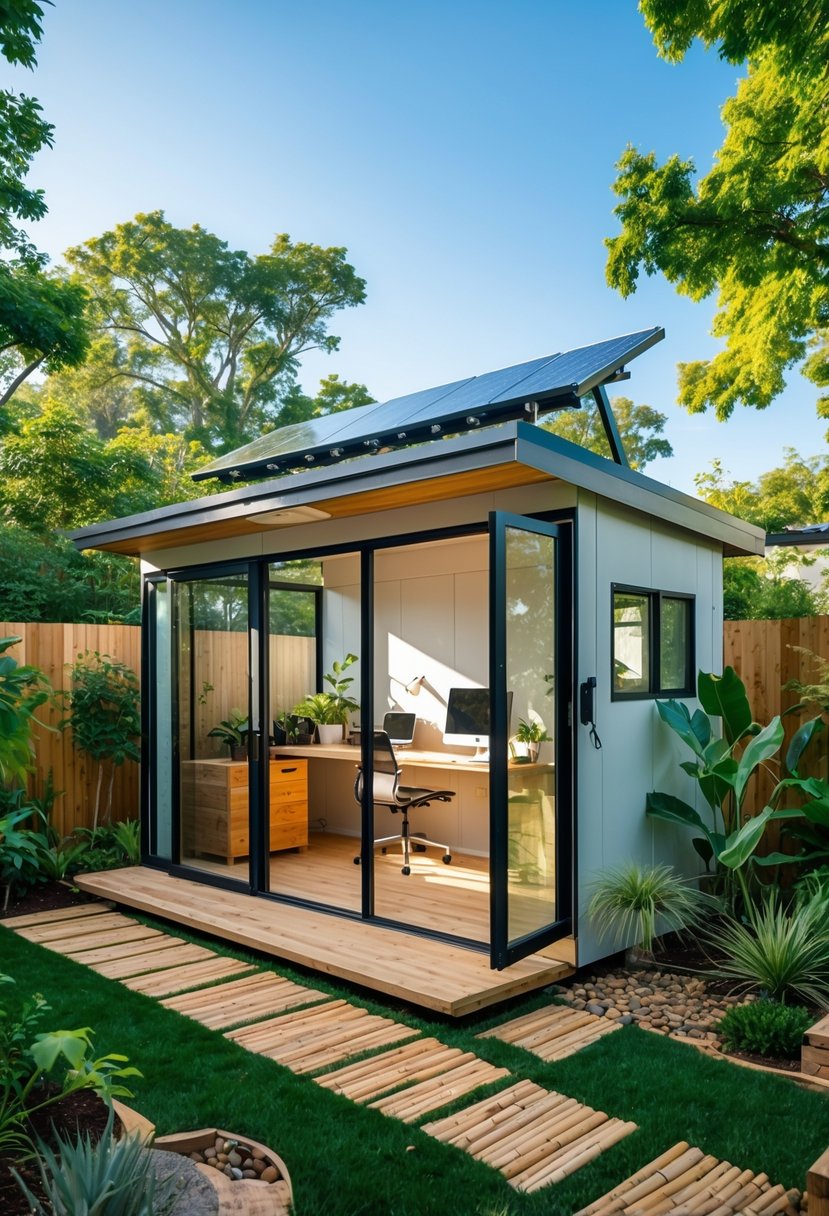 A small backyard office made from recycled materials surrounded by greenery with large windows and sustainable furniture inside.