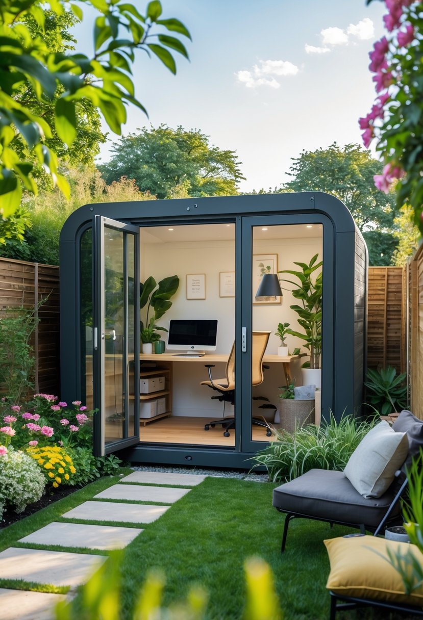 A backyard with a modern garden office pod surrounded by plants and a lawn, featuring a desk and chair visible through large windows.