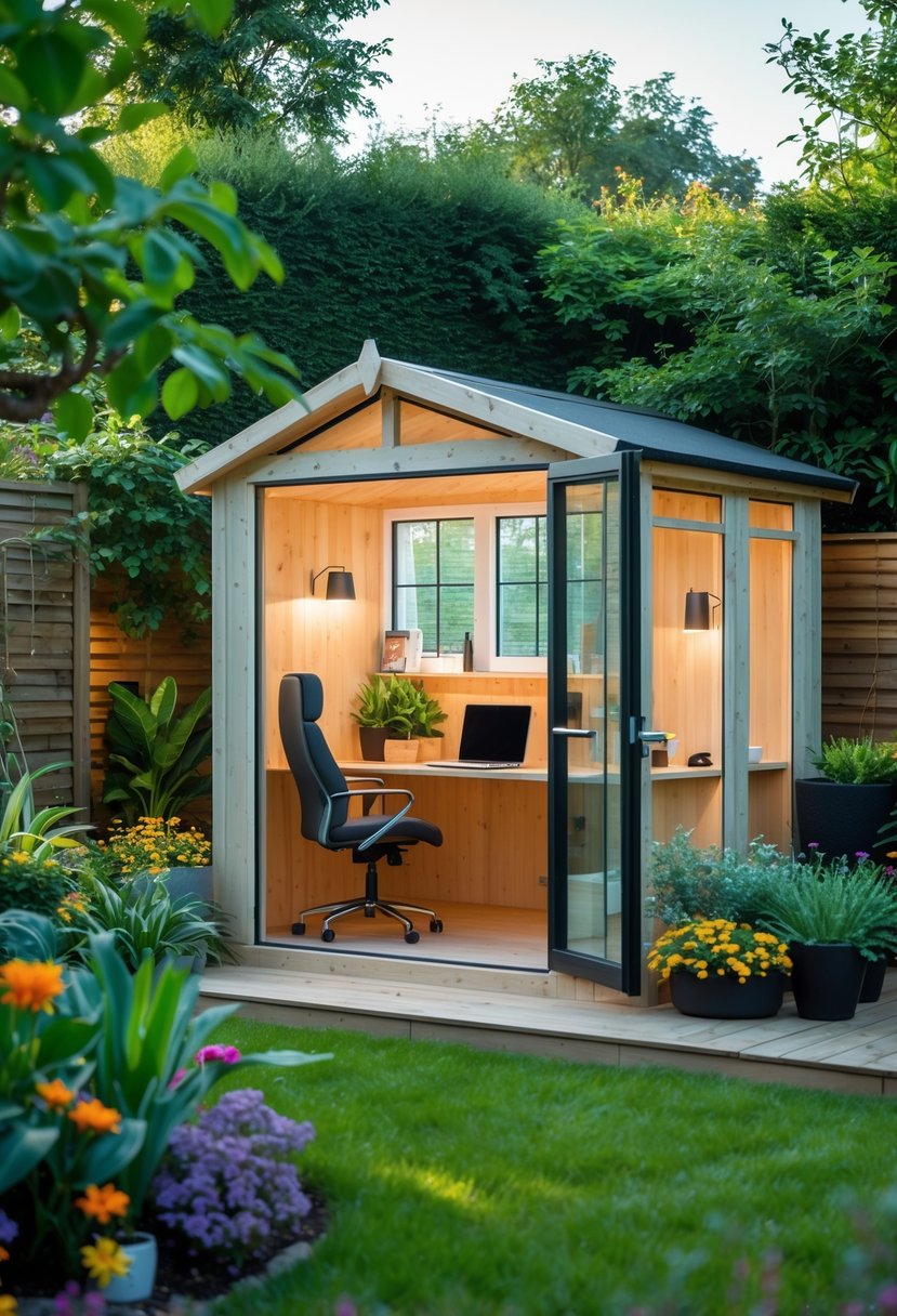 A small backyard office with a wooden shed, desk, chair, and plants surrounding it.