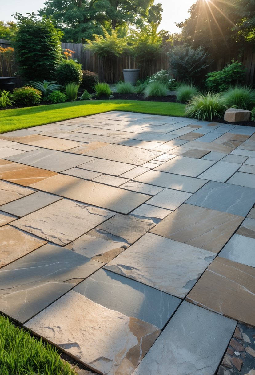 20 Flagstone Patio Ideas for Durable and Stylish Outdoor Spaces 2 An outdoor patio made of 20 large natural flagstones surrounded by green grass and garden plants.
