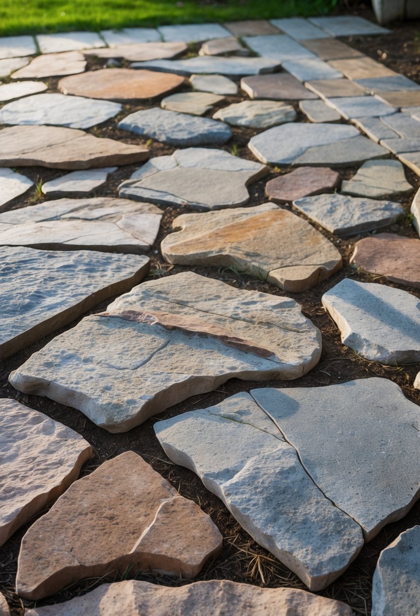 20 Flagstone Patio Ideas for Durable and Stylish Outdoor Spaces 3 An outdoor patio made of twenty irregularly shaped natural flagstones arranged closely together with greenery in the background.
