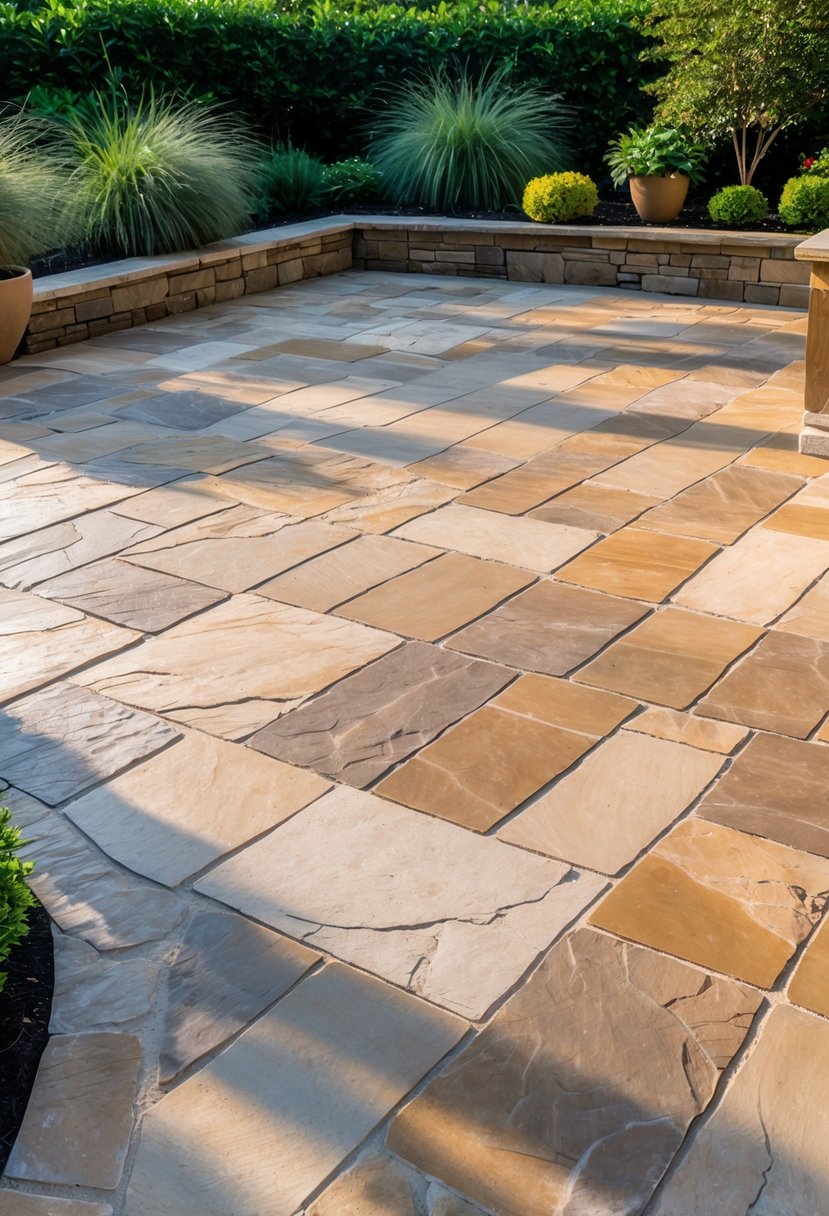 20 Flagstone Patio Ideas for Durable and Stylish Outdoor Spaces 4 A large outdoor patio made of warm, earthy sandstone flagstones surrounded by green plants.
