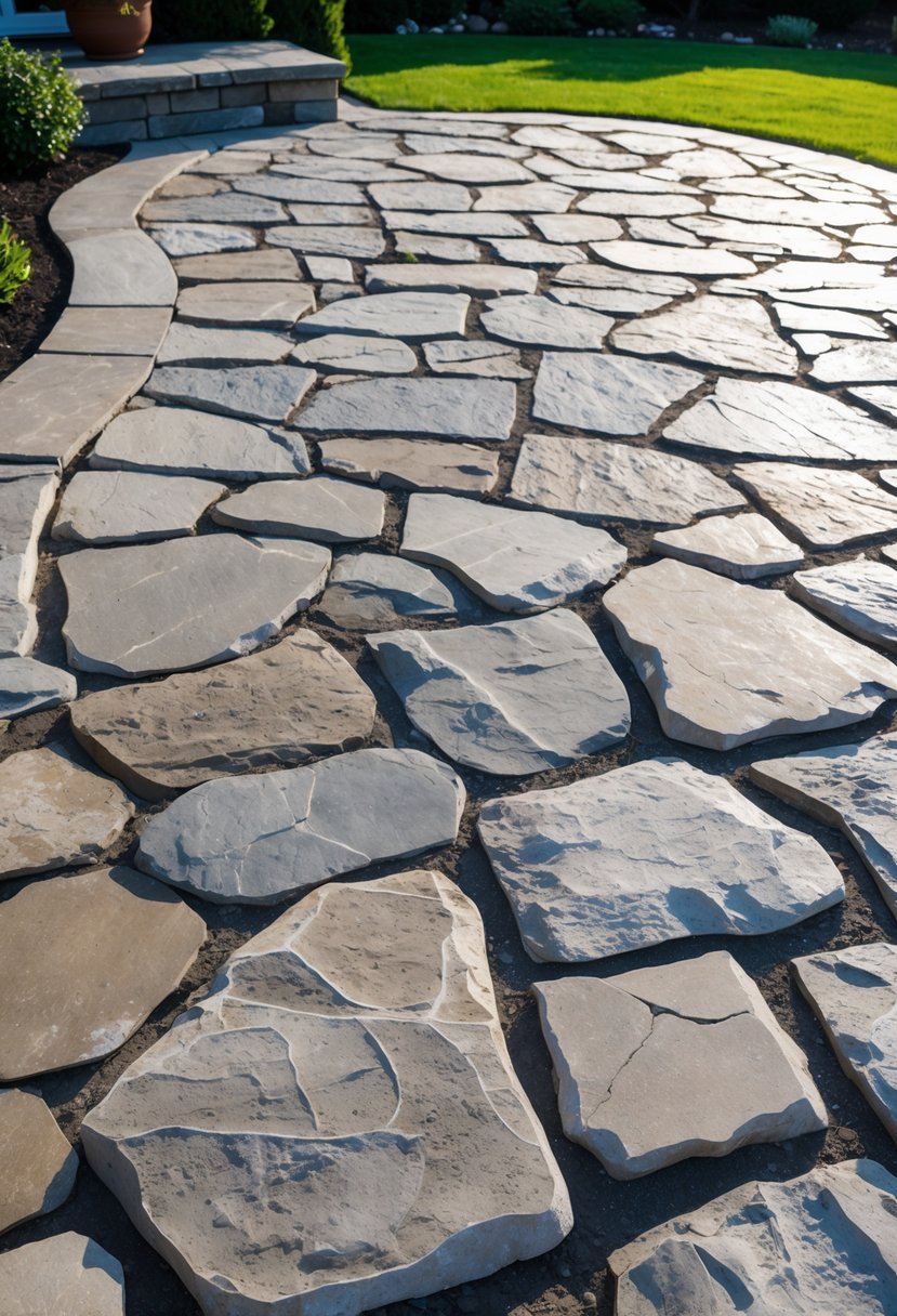 20 Flagstone Patio Ideas for Durable and Stylish Outdoor Spaces 5 A newly installed flagstone patio with 20 stones and visible mortar joints in a garden setting.