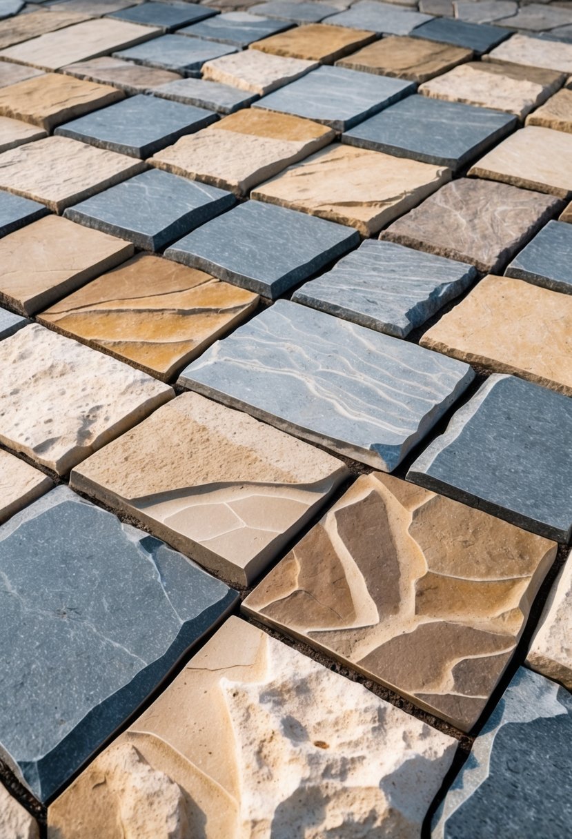 20 Flagstone Patio Ideas for Durable and Stylish Outdoor Spaces 6 A close-up view of a stone patio with a mosaic pattern made from various sizes of flagstones.