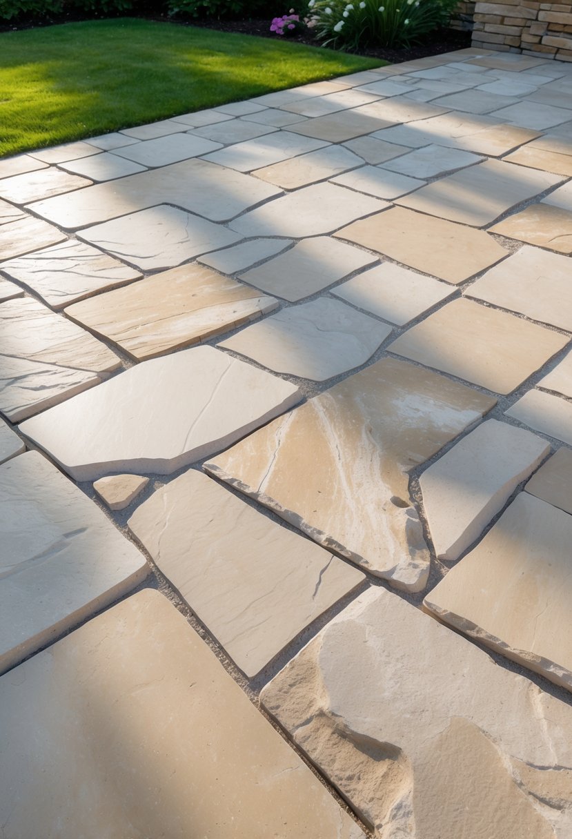 20 Flagstone Patio Ideas for Durable and Stylish Outdoor Spaces 7 A smooth limestone flagstone patio with twenty stones arranged in a natural pattern, surrounded by green grass and plants.