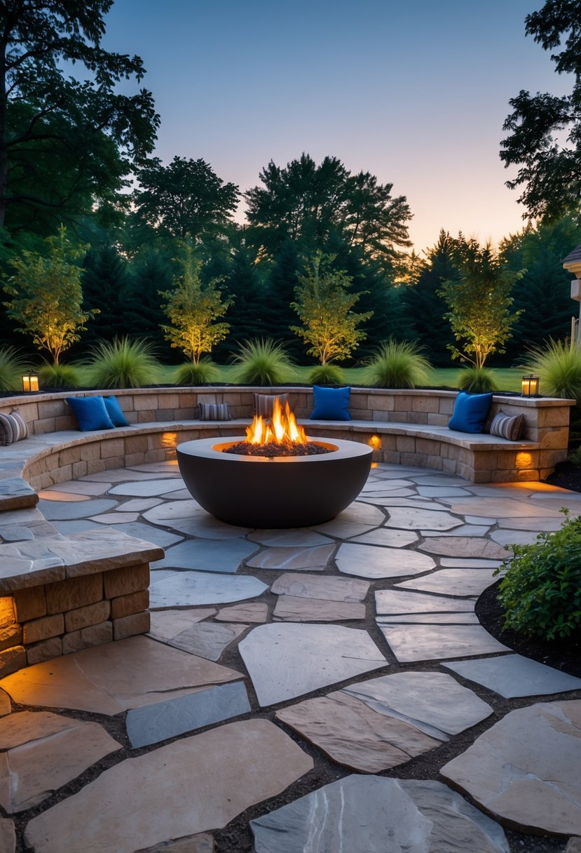 20 Flagstone Patio Ideas for Durable and Stylish Outdoor Spaces 8 Outdoor fire pit area with flagstone patio and seating for twenty people surrounded by greenery.