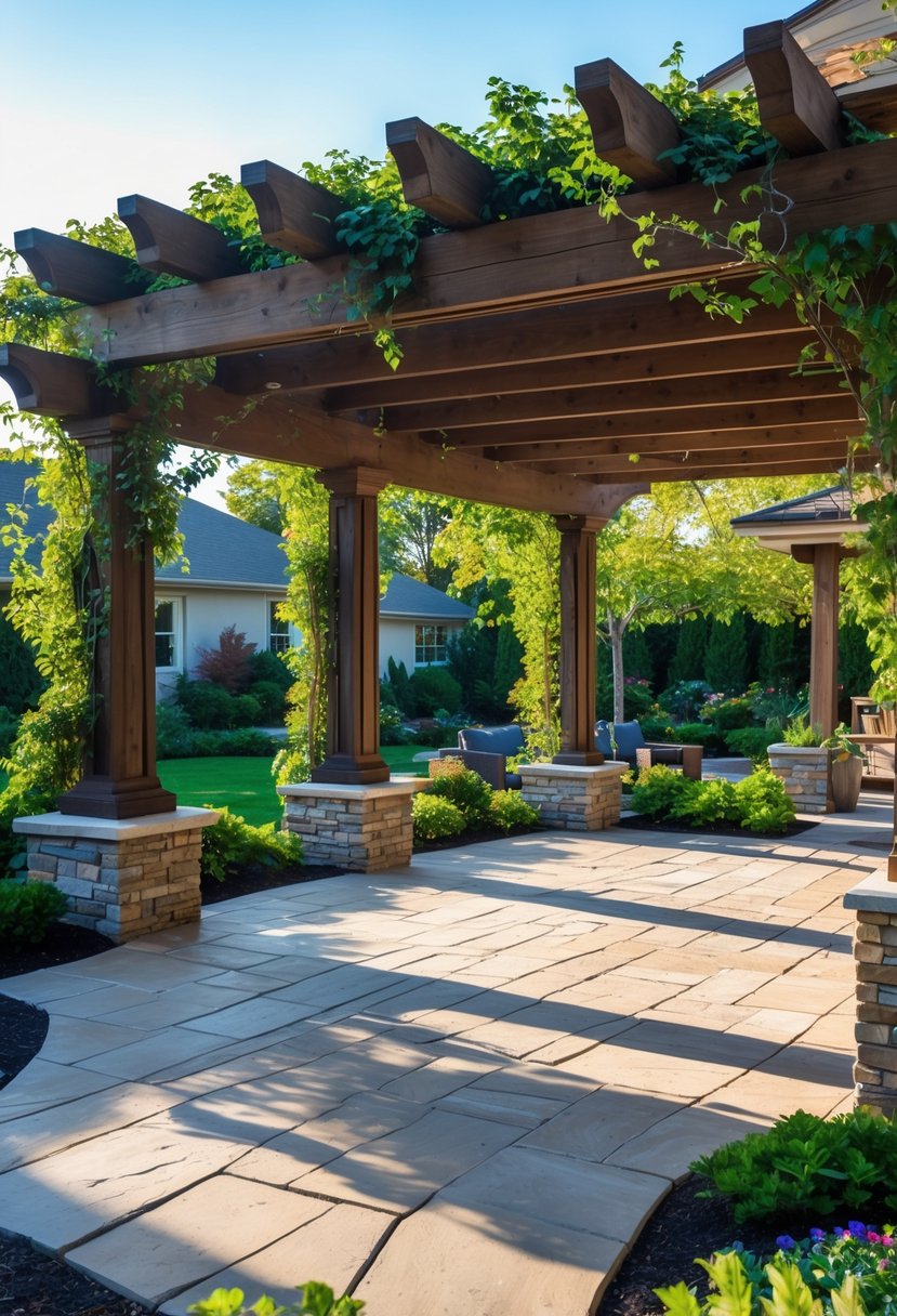 20 Flagstone Patio Ideas for Durable and Stylish Outdoor Spaces 9 An outdoor patio with a wooden pergola covered in climbing plants and a flagstone floor surrounded by greenery.