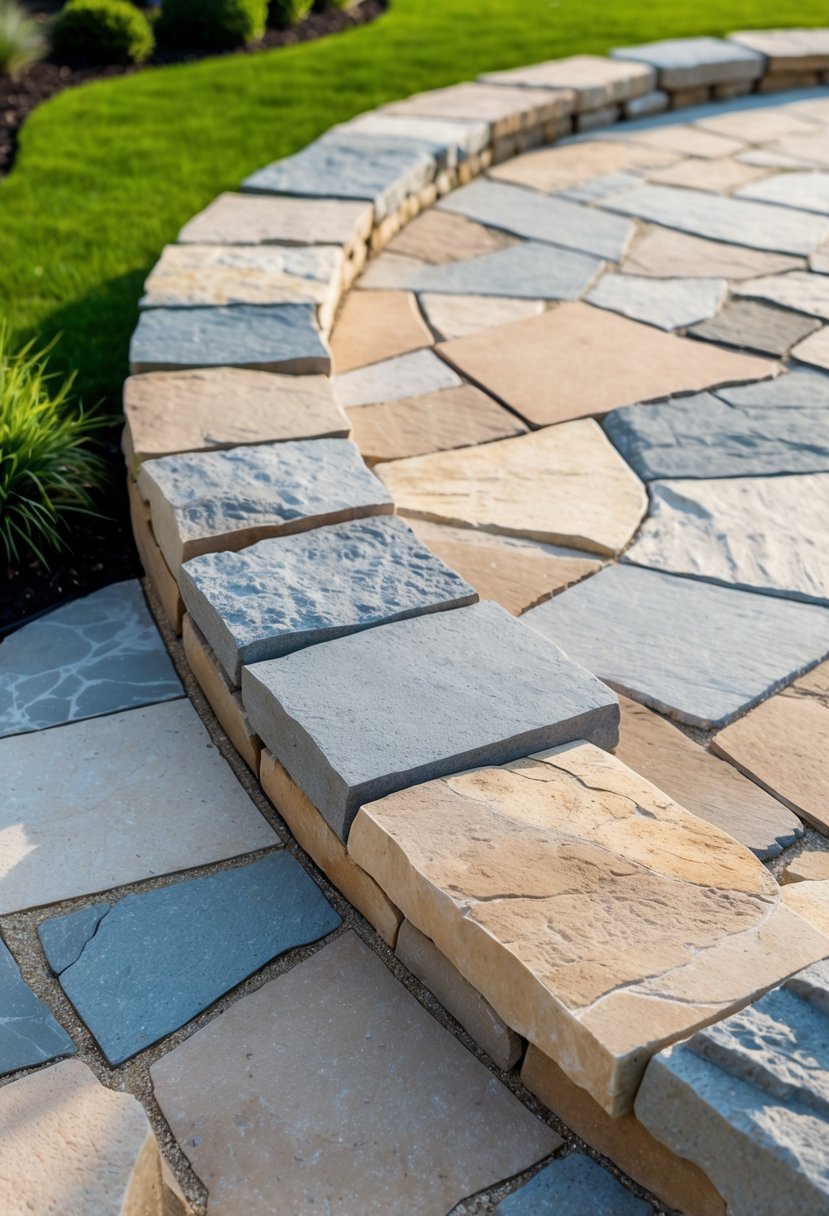 20 Flagstone Patio Ideas for Durable and Stylish Outdoor Spaces 10 Outdoor patio with a curved edge made of 20 large flagstones surrounded by grass and plants.
