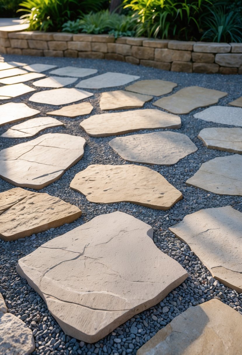 20 Flagstone Patio Ideas for Durable and Stylish Outdoor Spaces 11 Outdoor patio with large flagstones arranged with gravel filling the gaps between them for drainage.