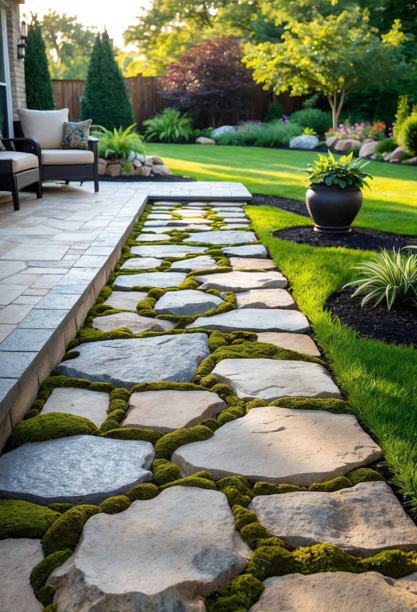 20 Flagstone Patio Ideas for Durable and Stylish Outdoor Spaces 14 A stone walkway connecting a patio to a garden with green grass and colorful plants.