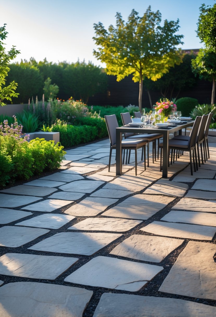 20 Flagstone Patio Ideas for Durable and Stylish Outdoor Spaces 15 Outdoor dining terrace with a large flagstone patio made of 20 flat stones, surrounded by plants and set with a dining table and chairs.
