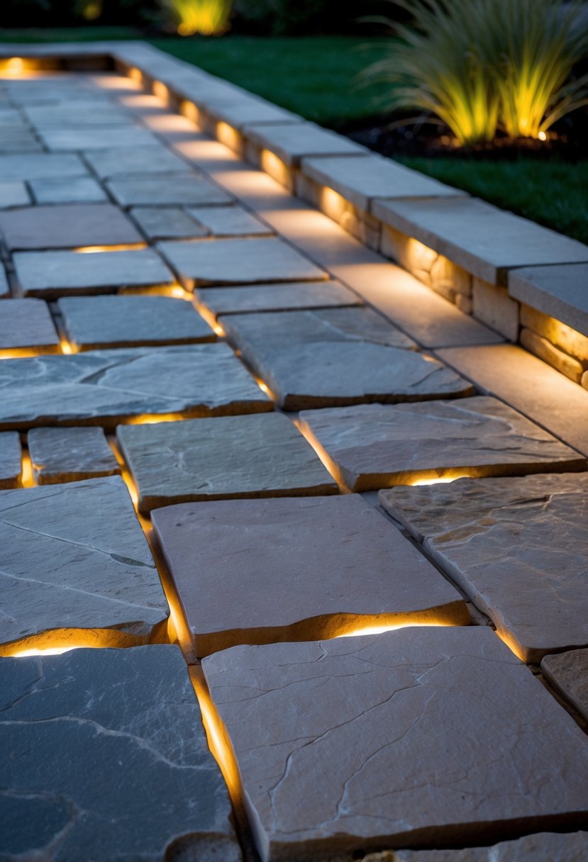 20 Flagstone Patio Ideas for Durable and Stylish Outdoor Spaces 16 A 20-flagstone patio with warm ambient lights glowing between the stones during early evening.