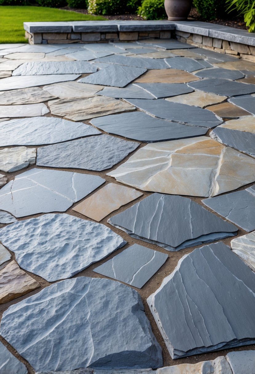 20 Flagstone Patio Ideas for Durable and Stylish Outdoor Spaces 17 A slate flagstone patio with textured, slip-resistant surfaces in a garden setting.