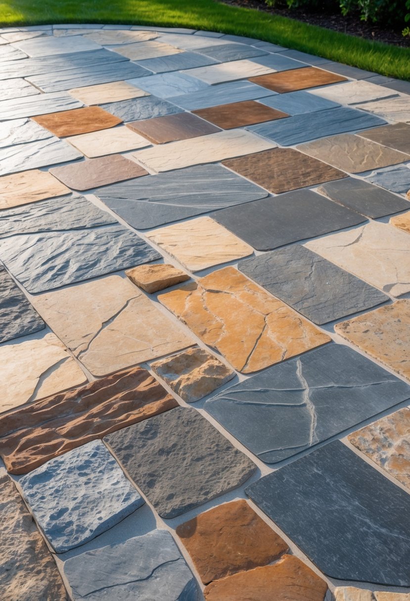 20 Flagstone Patio Ideas for Durable and Stylish Outdoor Spaces 18 A large outdoor patio made of various colored flagstones with plants around the edges.