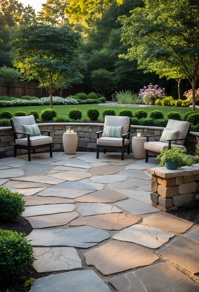 20 Flagstone Patio Ideas for Durable and Stylish Outdoor Spaces 19 Outdoor patio with small seating areas on flagstone flooring surrounded by plants and greenery.