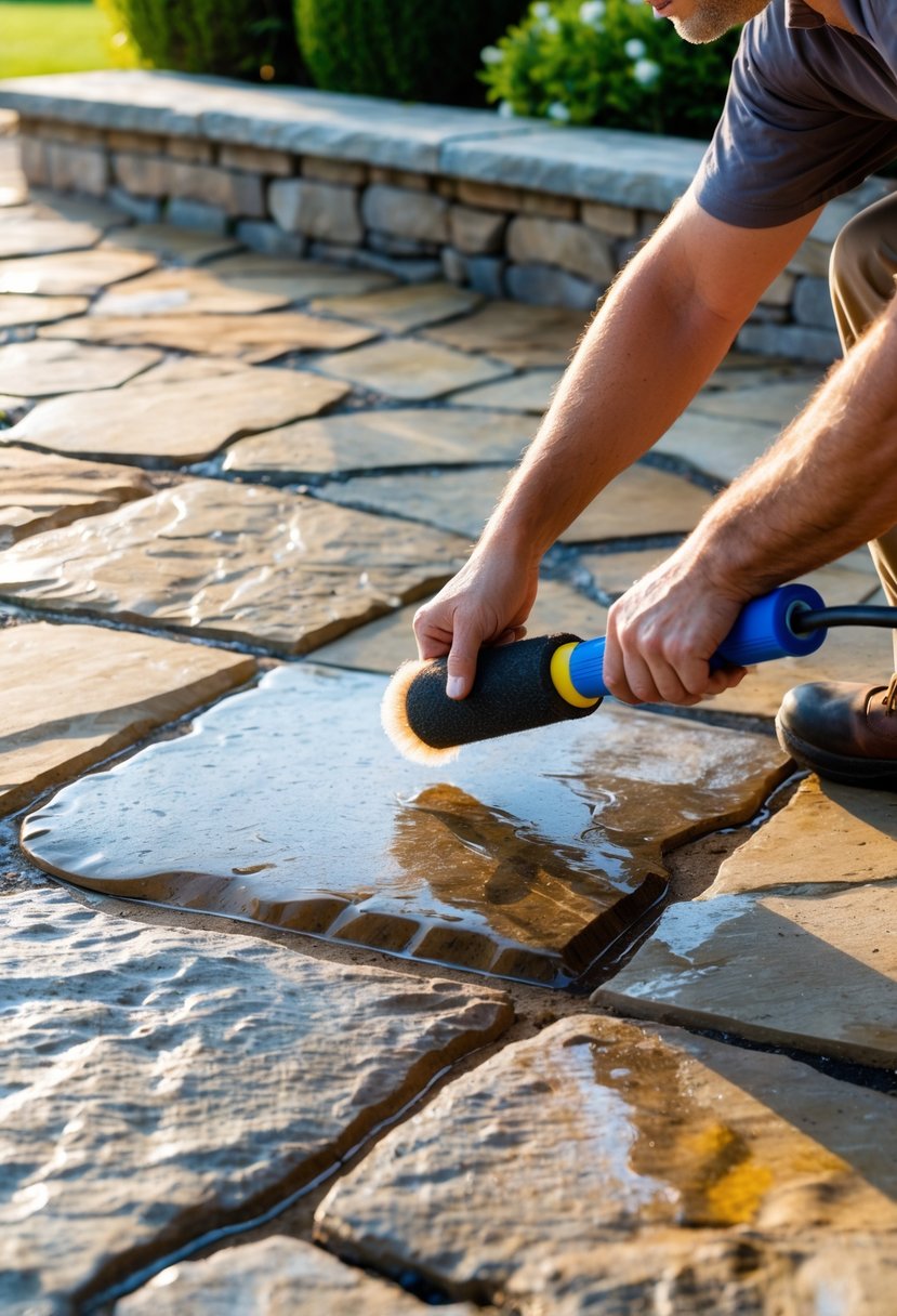 20 Flagstone Patio Ideas for Durable and Stylish Outdoor Spaces 20 Close-up of a person sealing a 20-piece flagstone patio outdoors with a clear protective coating.