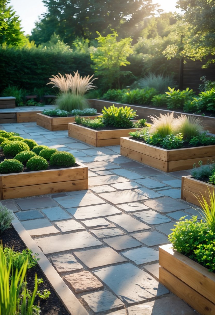 20 Flagstone Patio Ideas for Durable and Stylish Outdoor Spaces 21 Outdoor patio with flagstone flooring surrounded by raised wooden garden beds filled with green plants.