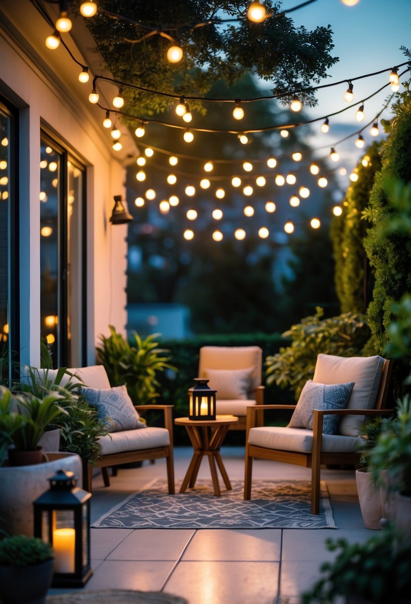 15 Front Patio Ideas on a Budget That Look Surprisingly Luxurious 3 A front patio with string lights overhead, outdoor furniture, plants, and warm ambient lighting in the evening.