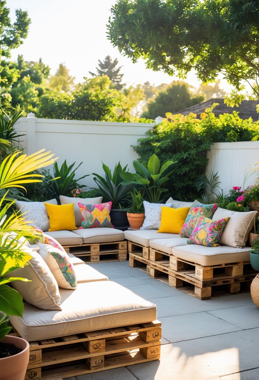 15 Front Patio Ideas on a Budget That Look Surprisingly Luxurious 4 Front patio with seating made from reclaimed wood pallets, decorated with cushions and surrounded by plants.