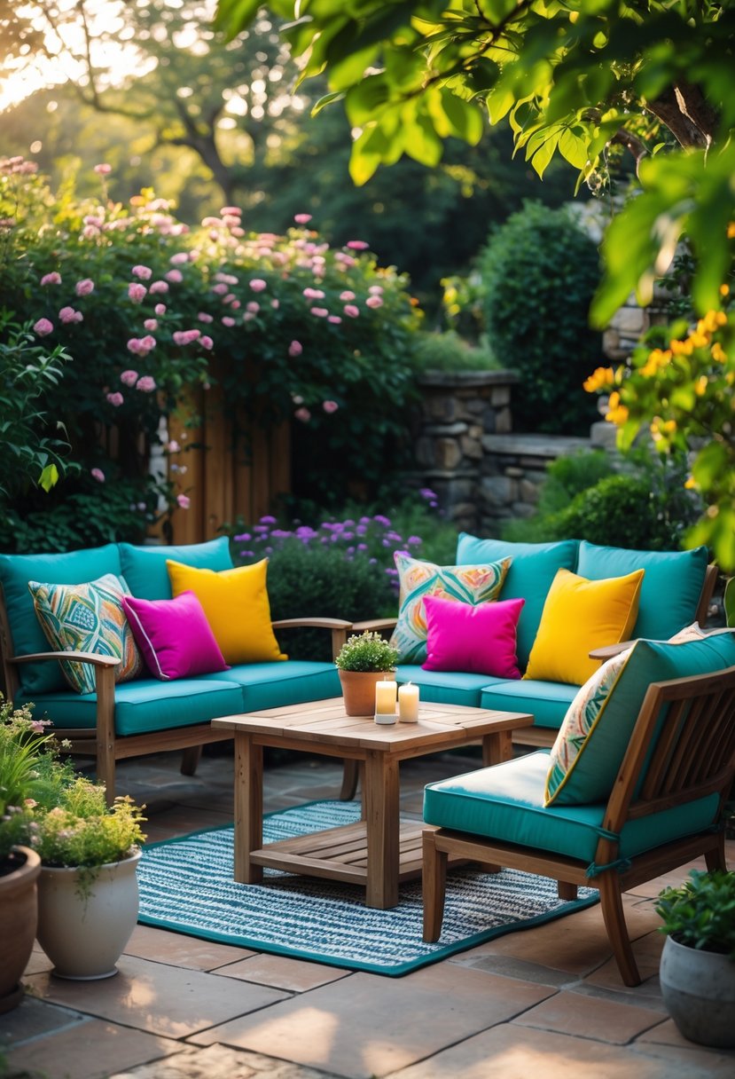 15 Front Patio Ideas on a Budget That Look Surprisingly Luxurious 7 A cozy front patio seating area with colorful cushions on chairs and a small sofa, a wooden coffee table, and surrounding plants.