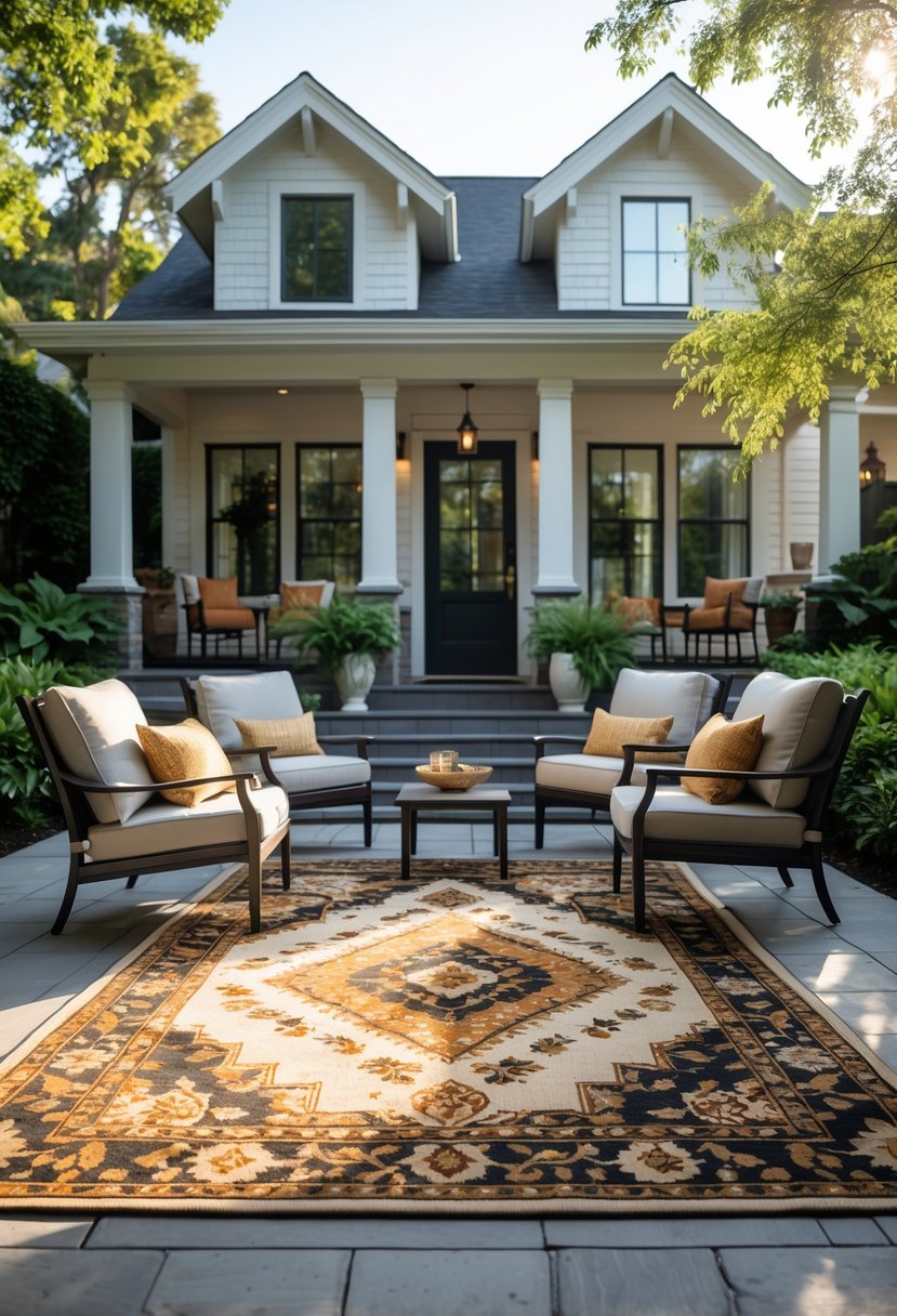 15 Front Patio Ideas on a Budget That Look Surprisingly Luxurious 8 Front patio with outdoor rugs defining a seating area surrounded by plants and furniture.