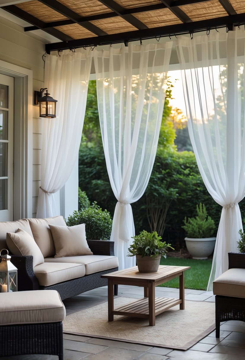 15 Front Patio Ideas on a Budget That Look Surprisingly Luxurious 10 Front patio with sheer white curtains, comfortable seating, and greenery in the background.