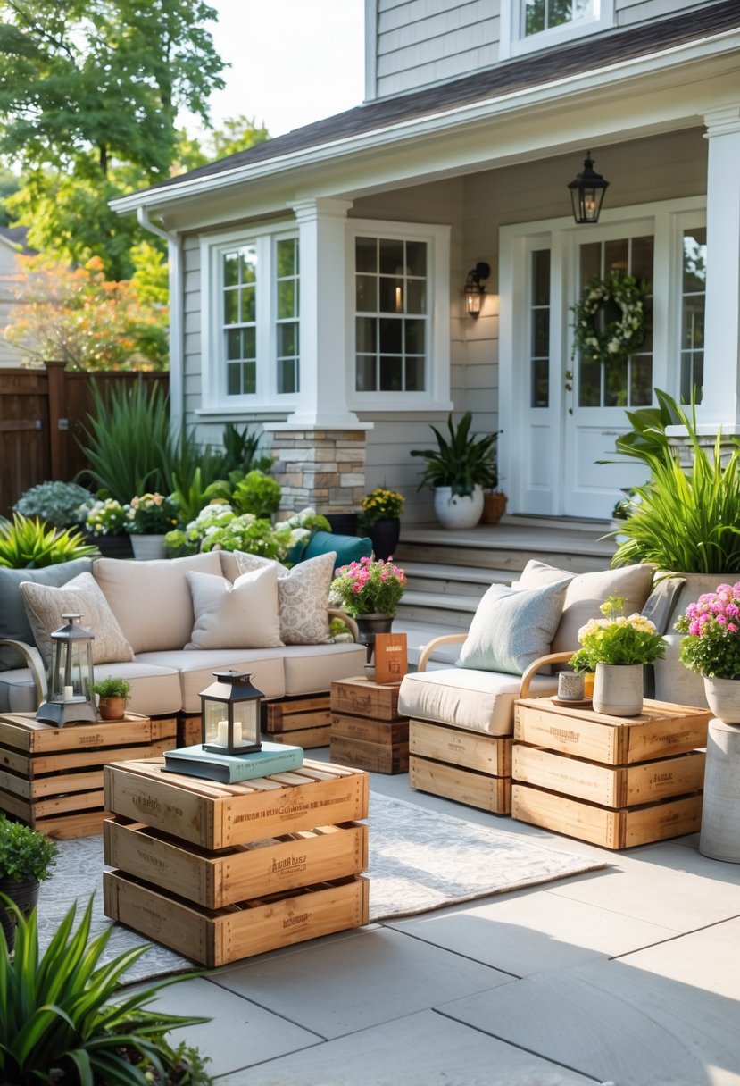 15 Front Patio Ideas on a Budget That Look Surprisingly Luxurious 11 A front patio with wooden crates used as side tables and storage, surrounded by plants and outdoor seating.