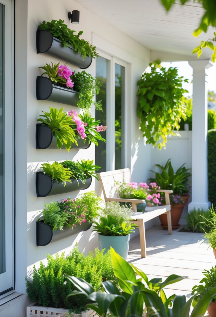 15 Front Patio Ideas on a Budget That Look Surprisingly Luxurious 13 Front patio with a vertical garden of wall-mounted plants and outdoor seating.