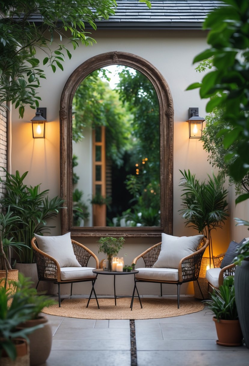 15 Front Patio Ideas on a Budget That Look Surprisingly Luxurious 16 Front patio with a rustic-framed mirror, seating area, potted plants, and outdoor lighting.