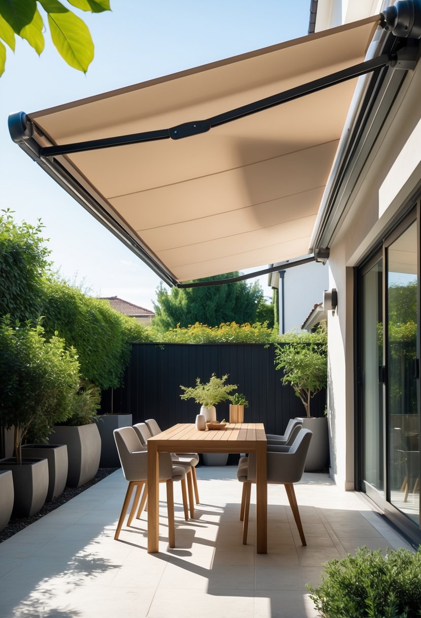 Outdoor patio with a retractable canvas awning providing shade over a seating area surrounded by plants.