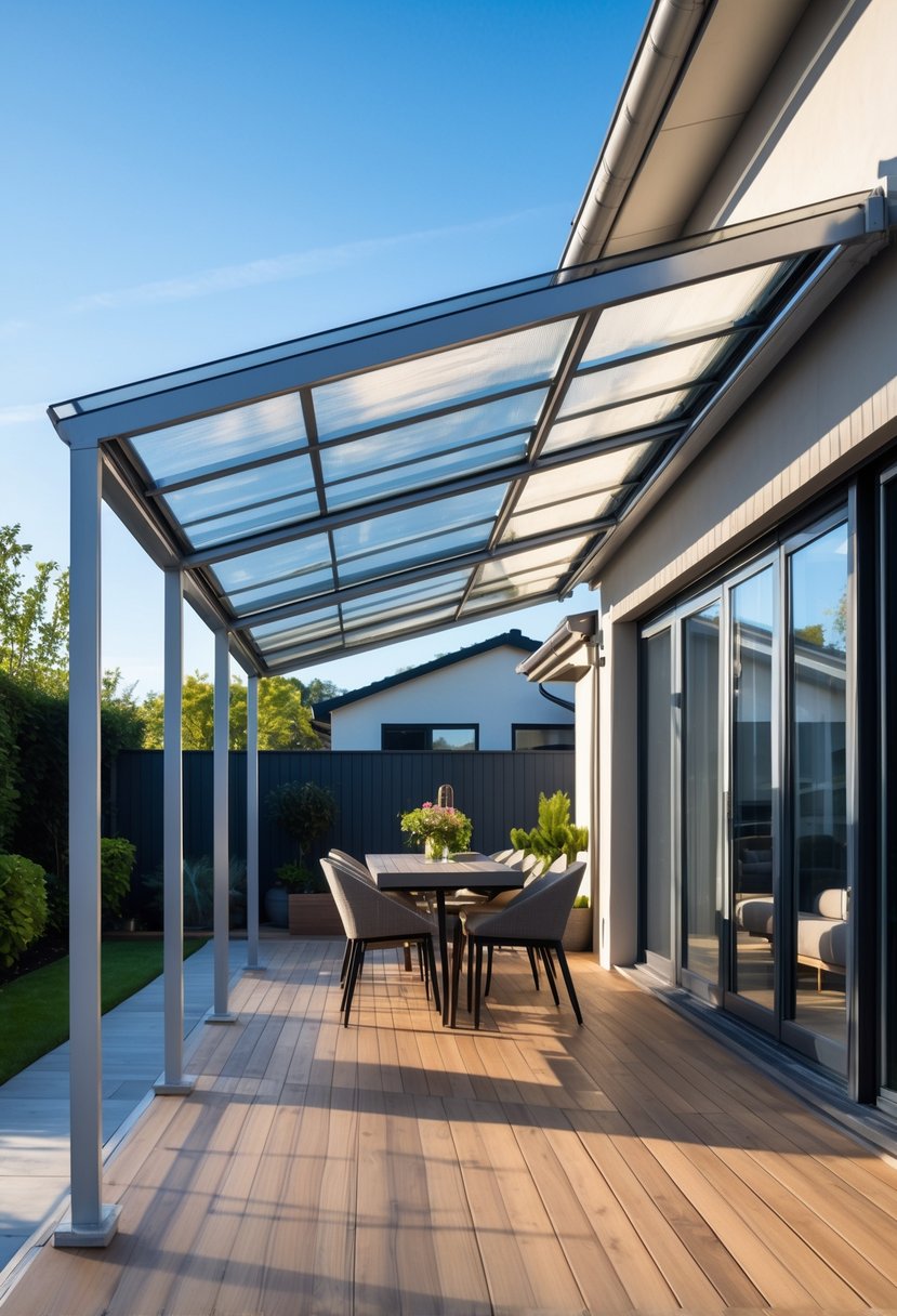 Outdoor patio with a metal frame awning covered by translucent panels over seating and plants.