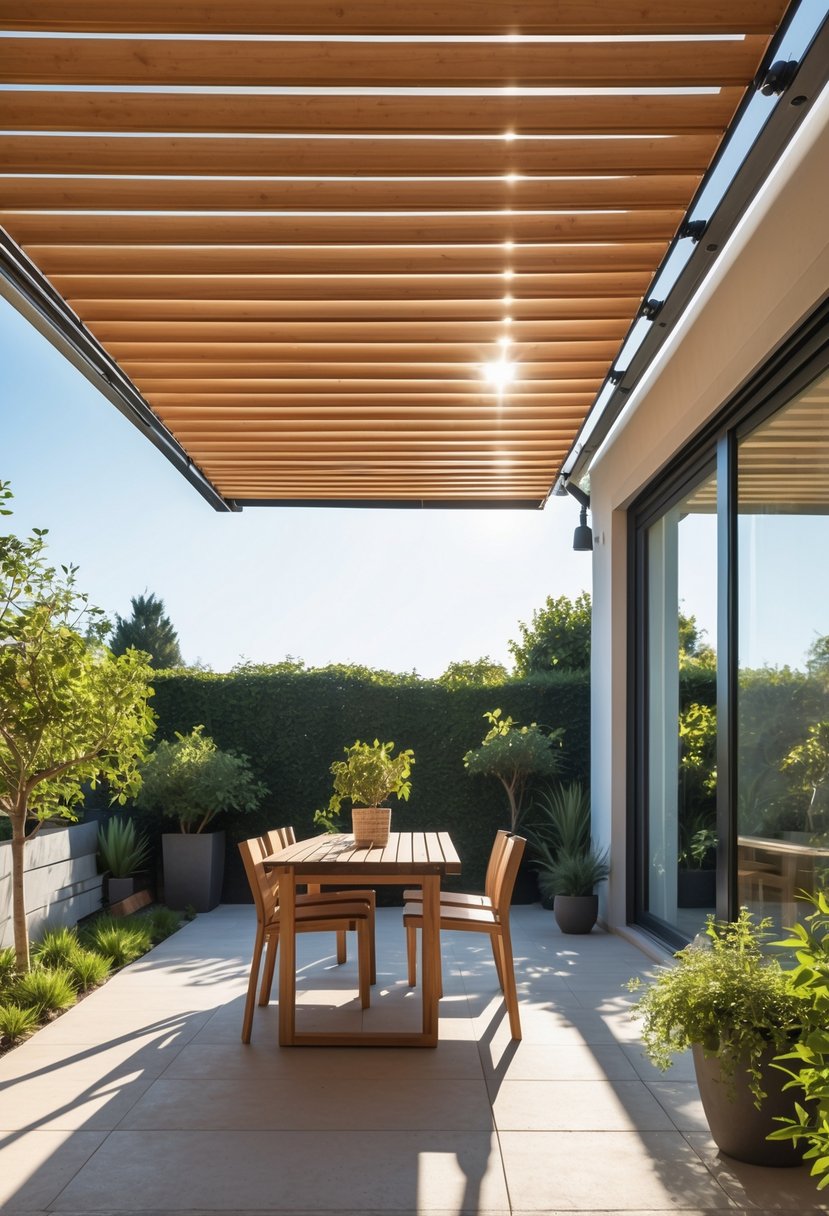Outdoor patio with wooden slat louvered awning providing shade over seating area surrounded by plants.