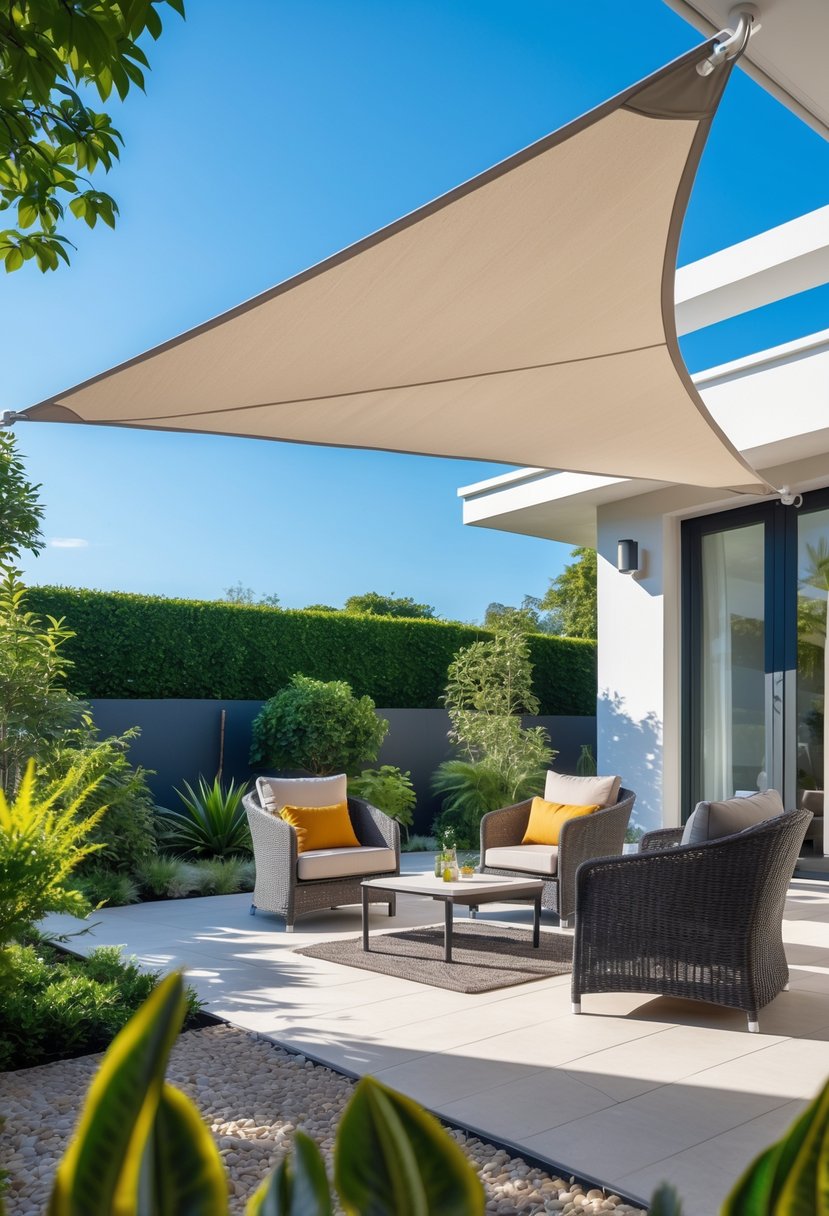 Outdoor patio with a triangular sail shade awning providing shade over seating and surrounded by plants.