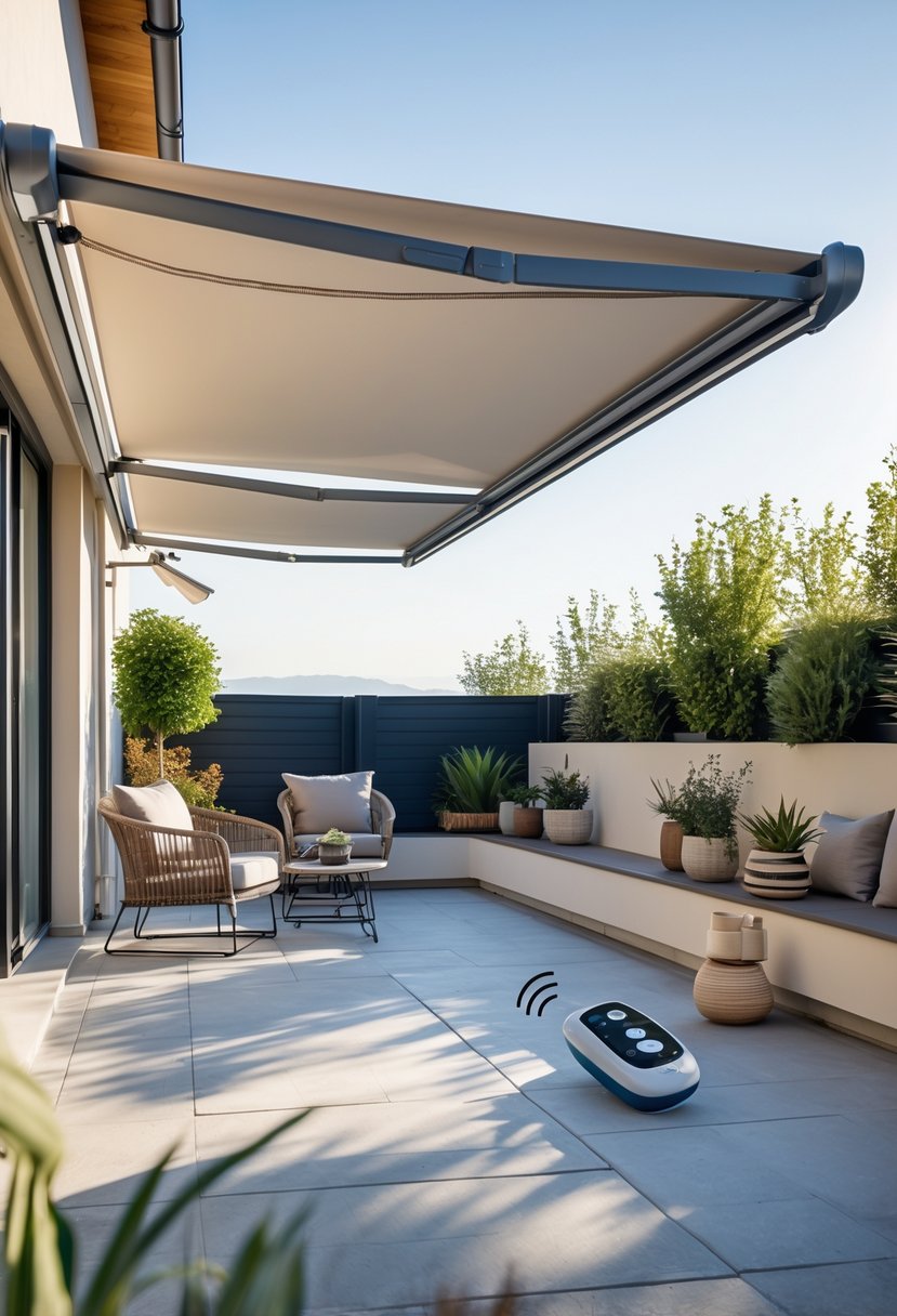 Outdoor patio with a motorized retractable awning extended over a seating area with chairs and a table on a sunny day.