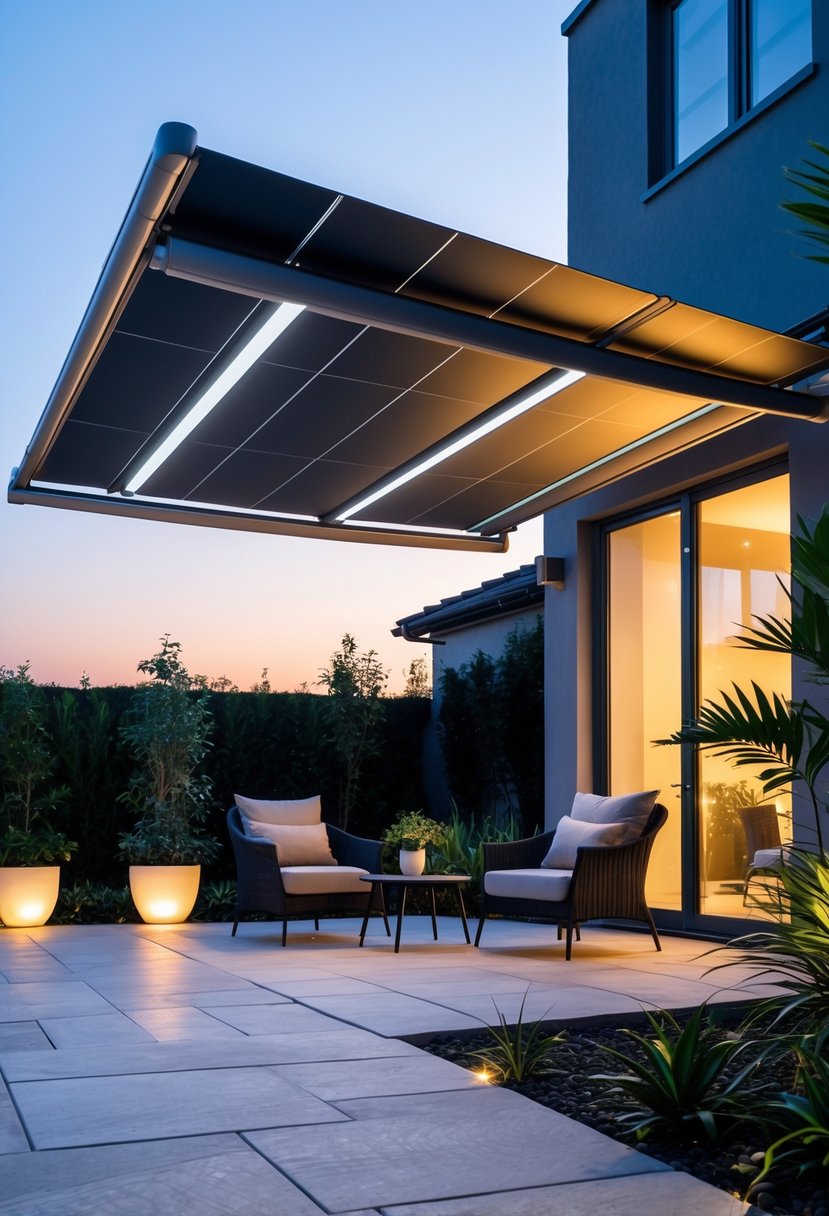 Outdoor patio with a solar-powered awning featuring built-in lights, seating area, and surrounding greenery at dusk.