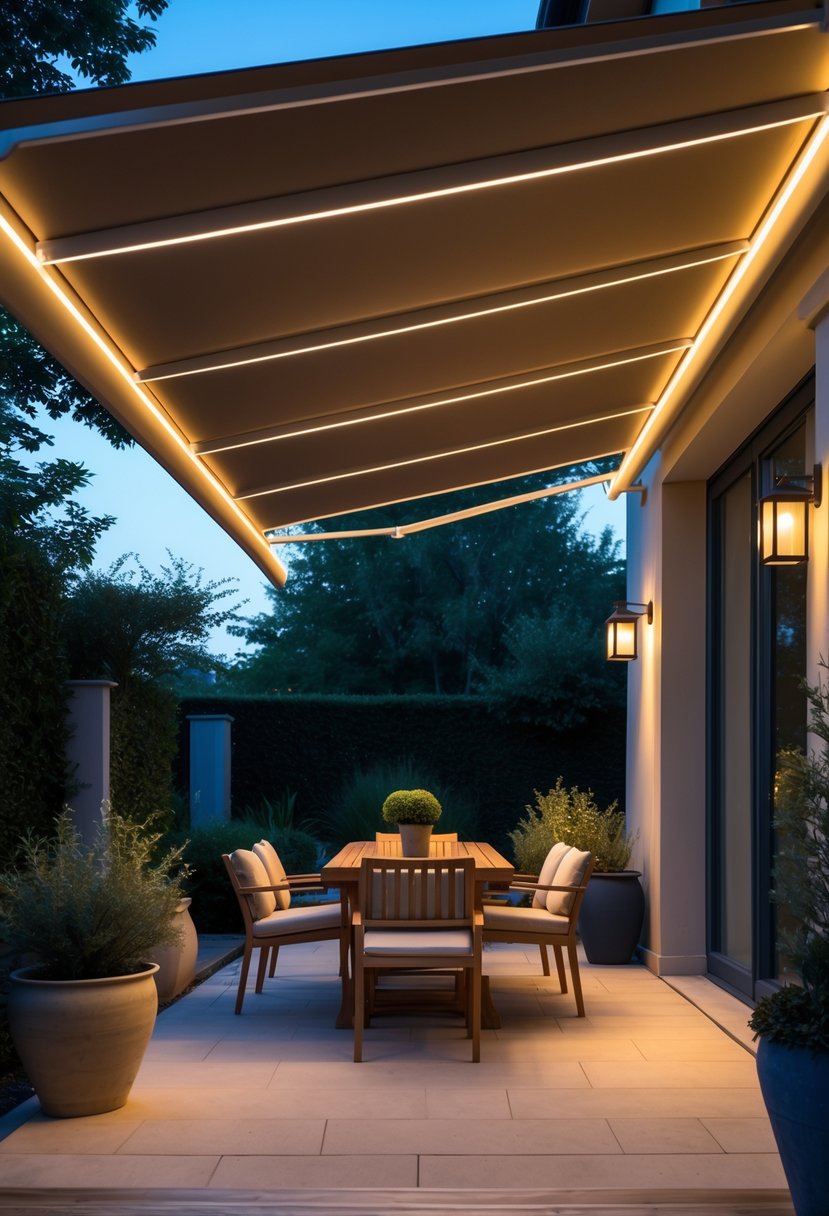 A patio with an awning that has built-in LED string lights illuminating an outdoor seating area with furniture and plants.
