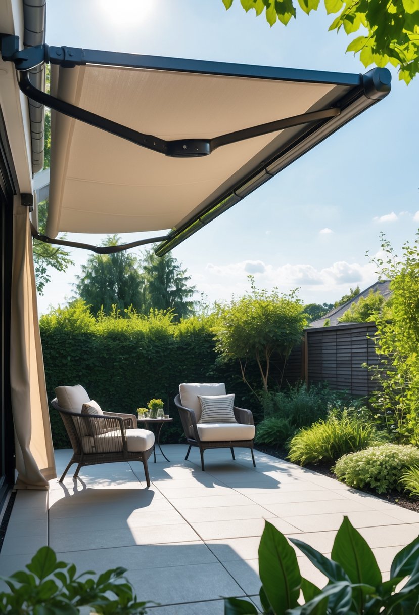 Outdoor patio with an awning and side curtains protecting a seating area, surrounded by greenery.