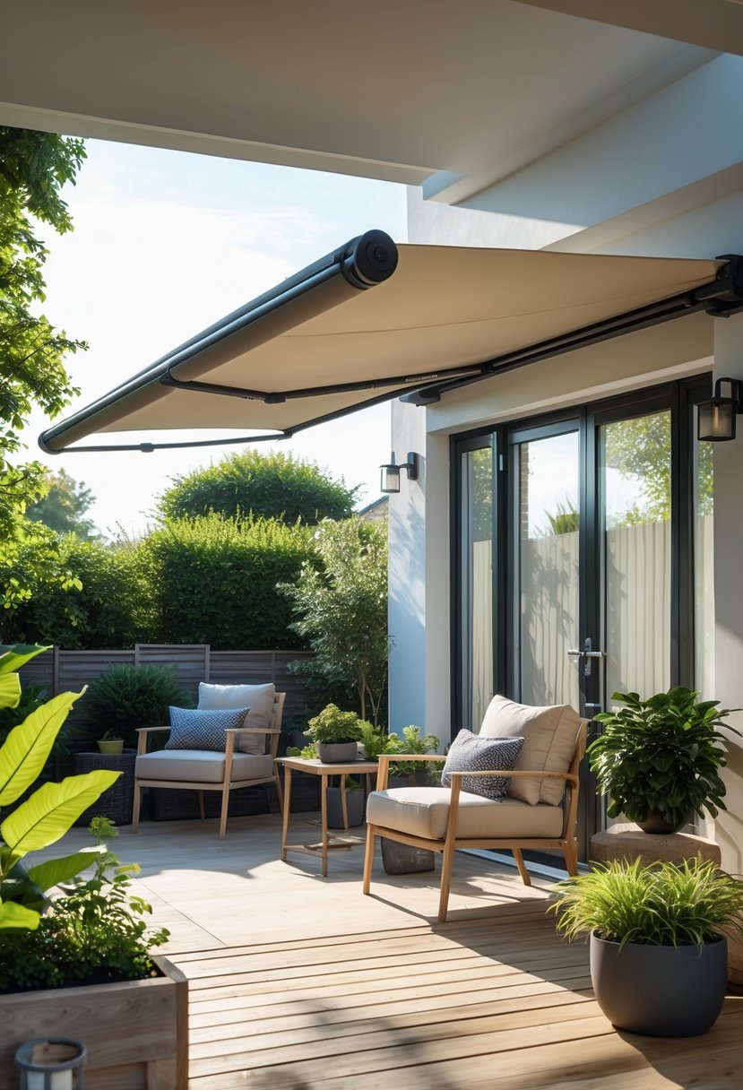 Backyard patio with a retractable awning extended over outdoor seating and plants.