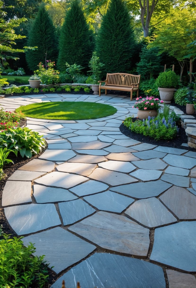 A circular bluestone patio with twelve stone slabs surrounded by green plants and garden flowers in a sunny outdoor setting.