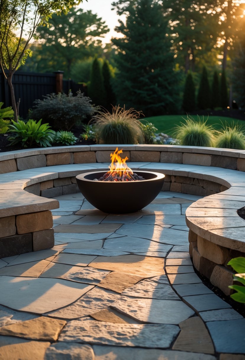 A curved stone patio with a fire pit in the center and stone seating arranged around it, surrounded by plants and outdoor lighting.