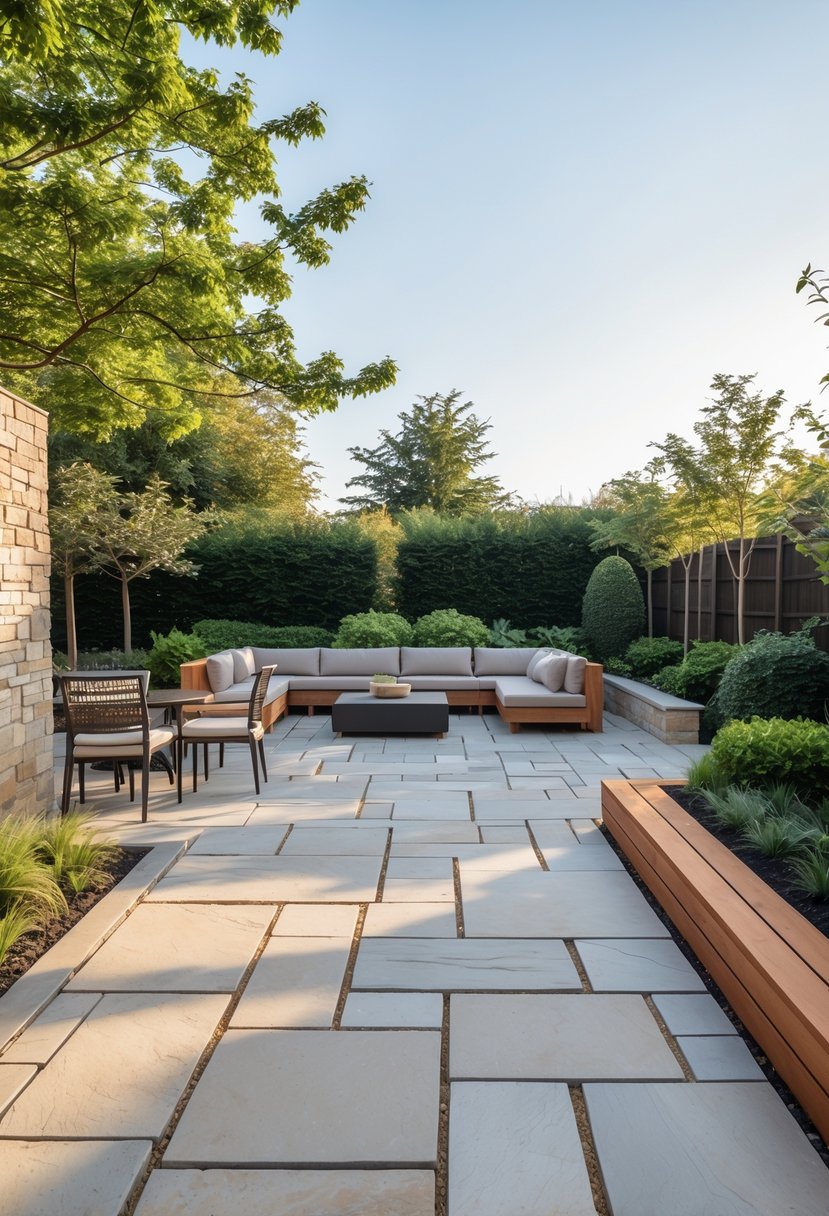 Outdoor patio with a mix of stone pavers and wooden decking surrounded by plants and outdoor furniture.