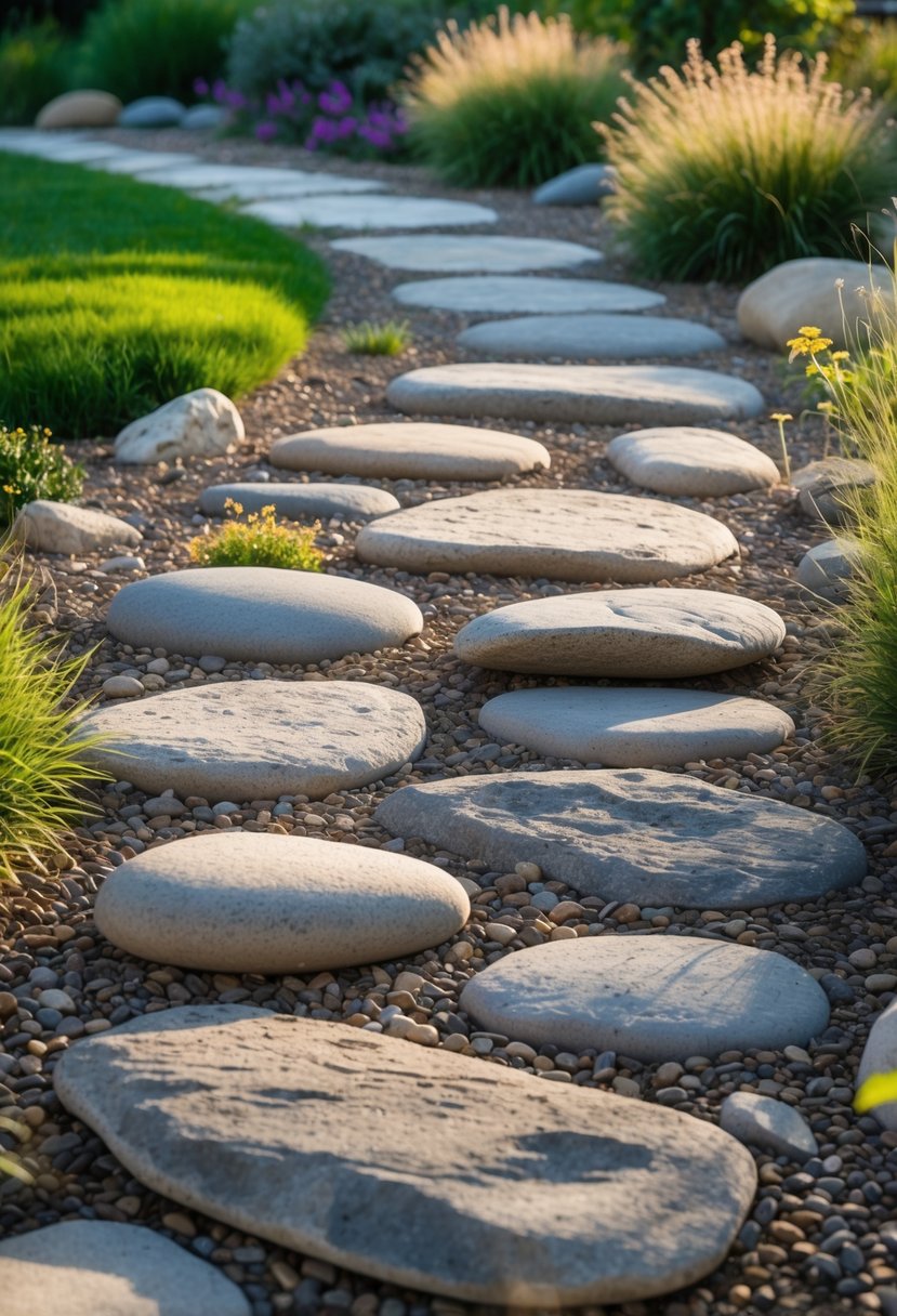 A winding stone pathway made of smooth river rocks surrounded by green grass and plants.