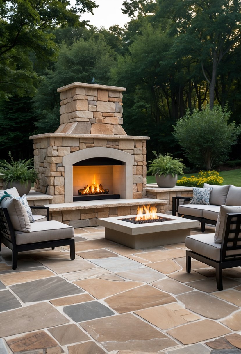 A natural stone patio with a built-in fireplace surrounded by outdoor seating and greenery.