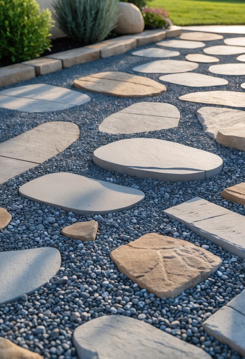 A smooth gravel and stone patio with a blend of small gravel and flat stones surrounded by plants.